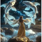 Pisces Metal tin sign，Pisces goddess in golden dress with twin fish & starry sky, ethereal wall art wall decor home Aluminum poster for zodiac fans, Easy to hang tinplate 12x16 inch - Pisces Home Decor for men