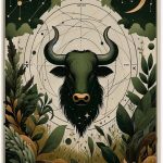 Metal tin sign，Taurus zodiac bull head with celestial circles, green leaves & starry motifs, unique wall art decor Tinplate for home, bedroom or astrological enthusiasts 12x16 inch - Taurus Products for men
