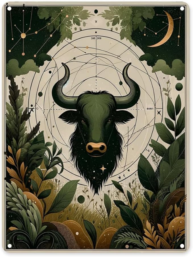 Metal tin sign，Taurus zodiac bull head with celestial circles, green leaves & starry motifs, unique wall art decor Tinplate for home, bedroom or astrological enthusiasts 12x16 inch - Taurus Products for men