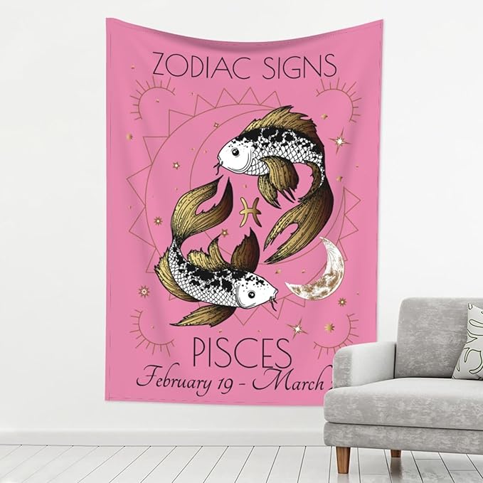 Wansin Pisces‌ Tapestry Wall Hanging Zodiac Decor Art, Constellation Pink Background Wall Tapestries for Bedroom Living Room Dorm 40L x60W - Pisces Home Decor for men