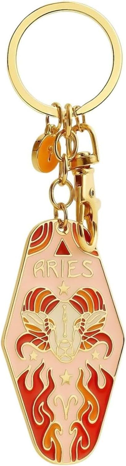 Vintage Illustrated Zodiac Keychain,12 Astrology Signs Enamel Charm,Retro Motel Style Car Pendant, for Astrology Lovers - Aries Keychain for men