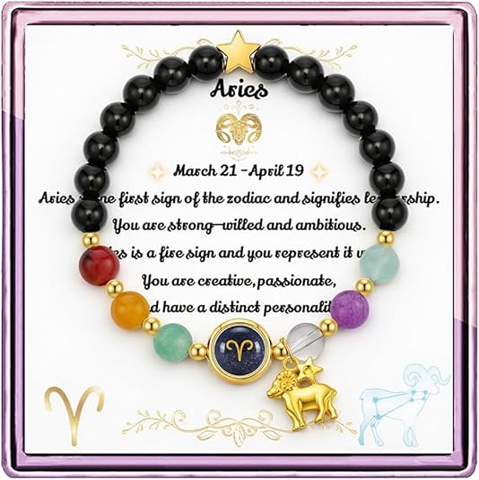 Zodiac Beaded Bracelets for Women and men, 12Constellations Crystal Stone Bracelet for Birthday Zodiac Gifts, 18k Gold Plated Constellation Charm Bracelet Jewellery - Aries Bracelet for men