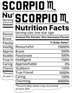 (2 Pack) Scorpio Stickers - Zodiac Sign Astrology - Nutrition Facts Funny Decals - 5" On Longest Side - Sticks to Smooth Flat Surfaces - Made in USA - BMCS11276 - Scorpio Sticker for men