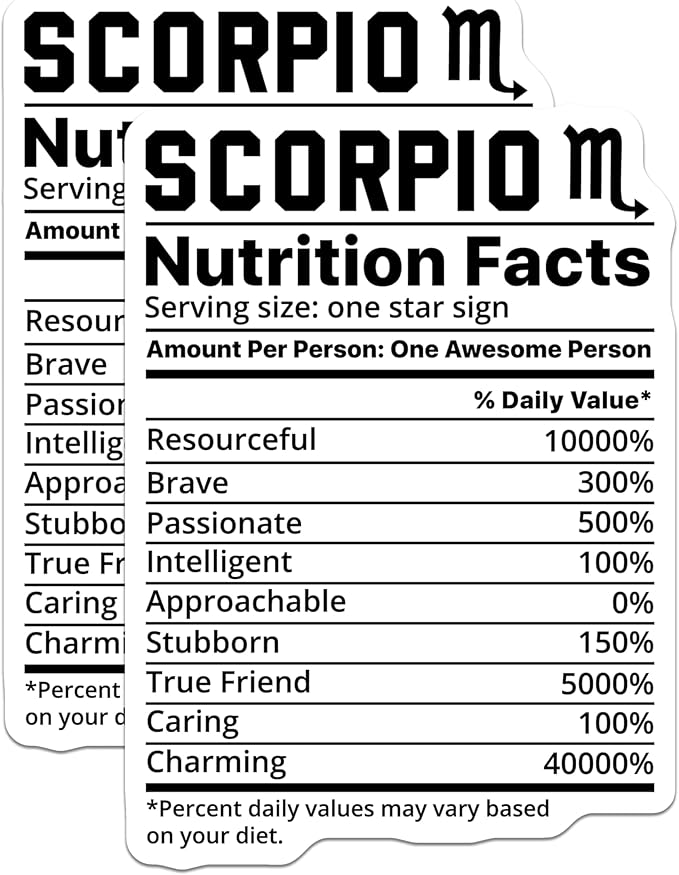 (2 Pack) Scorpio Stickers - Zodiac Sign Astrology - Nutrition Facts Funny Decals - 5" On Longest Side - Sticks to Smooth Flat Surfaces - Made in USA - BMCS11276 - Scorpio Sticker for men
