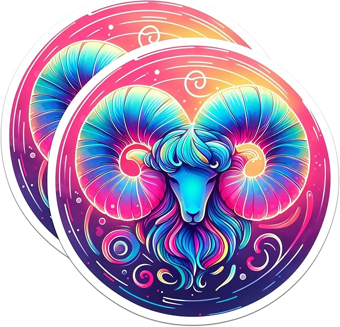 (2 Pack) Zodiac Aries Stickers - Colorful Astrology - Horoscope Sign Decals 5" On Longest Side - Sticks to Smooth Flat Surfaces - Made in USA - BMCS12952 - Aries Sticker for men
