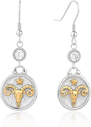 Two Tone 12 Zodiac Earrings Pearly White Enamel Round Disc Constellation Horoscope Dangle Earrings Gold Zodiac Sign Jewelry Birthday Gift for Women - Aries Ring for men