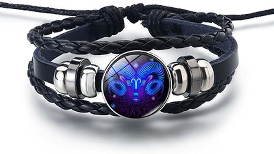 Zodiac Signs Spirit Bracelets Adjustable 12 Constellation Bracelet Black Leather Wrap Bracelets Birthday Jewelry - Aries Bracelet for men