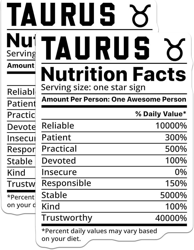(2 Pack) Taurus Nutrition Facts Magnets - Zodiac Sign Decor - Funny Star Sign - 5" On Longest Side - Sticks to Smooth Flat Surfaces - Made in USA - MAG10888 - Taurus Products for men