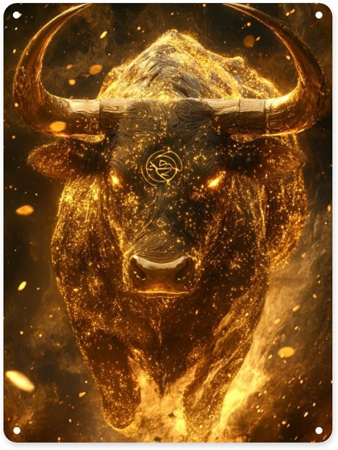 Taurus radiating golden light Metal tin sign，Fantasy starry sky background,Classic Zodiac sign themed home wall art poster，man cave, office wall decoration tinplate 12x16 inch - Taurus Products for men