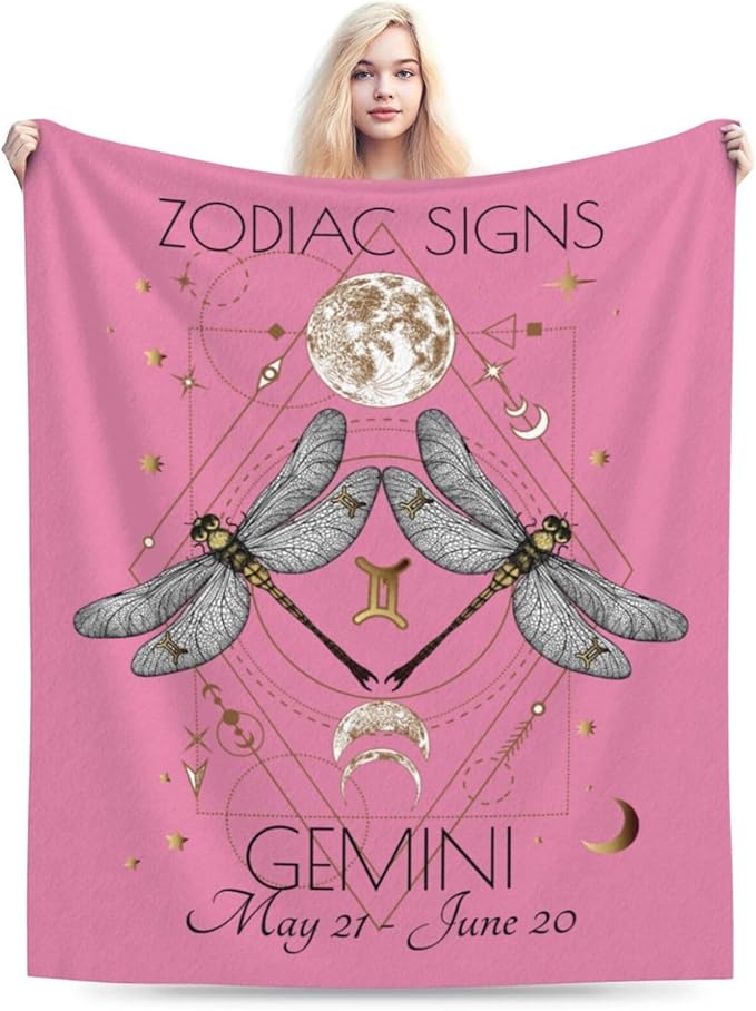 Gemini‌ Blanket Zodiac Signs Gifts for Women, Moon Constellations Theme Pink Throw Blanket Soft Cozy Flannel 80"x60" - Gemini Blanket for men