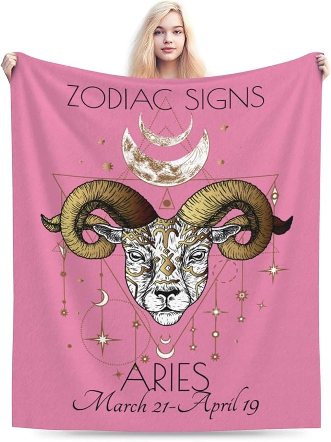 Aries‌ Blanket Zodiac Signs Gifts for Women, Moon Constellations Theme Pink Throw Blanket Soft Cozy Flannel 50"x40" - Aries Blanket for men