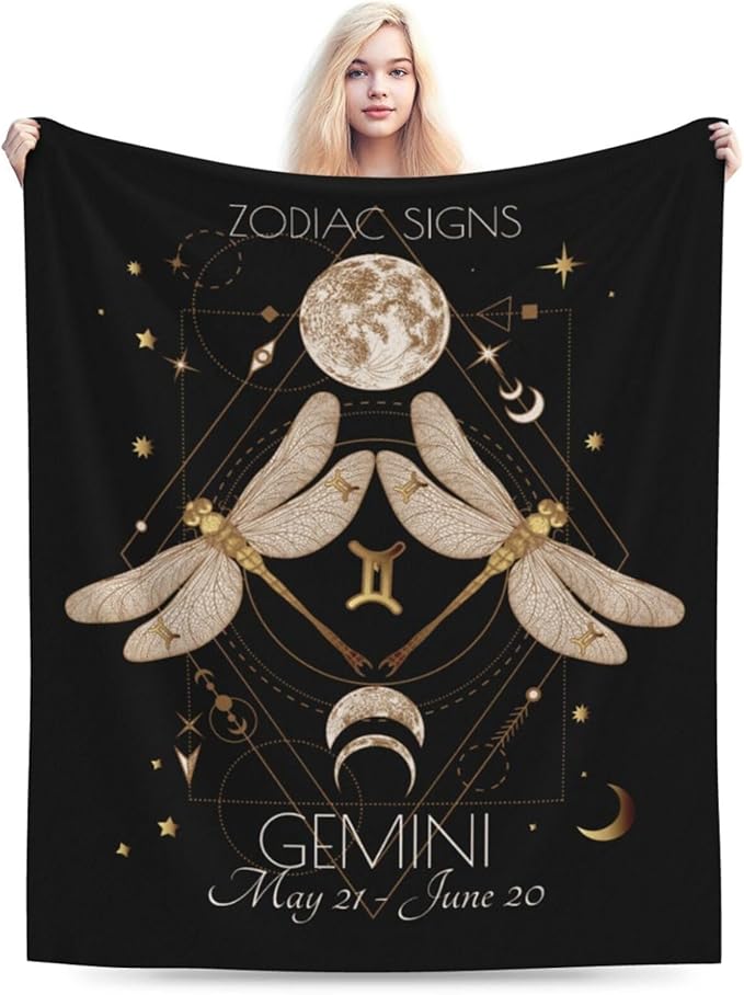 Gemini Blanket Zodiac Signs Gifts for Women, Moon Constellations Theme Black Throw Blanket Soft Cozy Flannel 80"x60" - Gemini Blanket for men