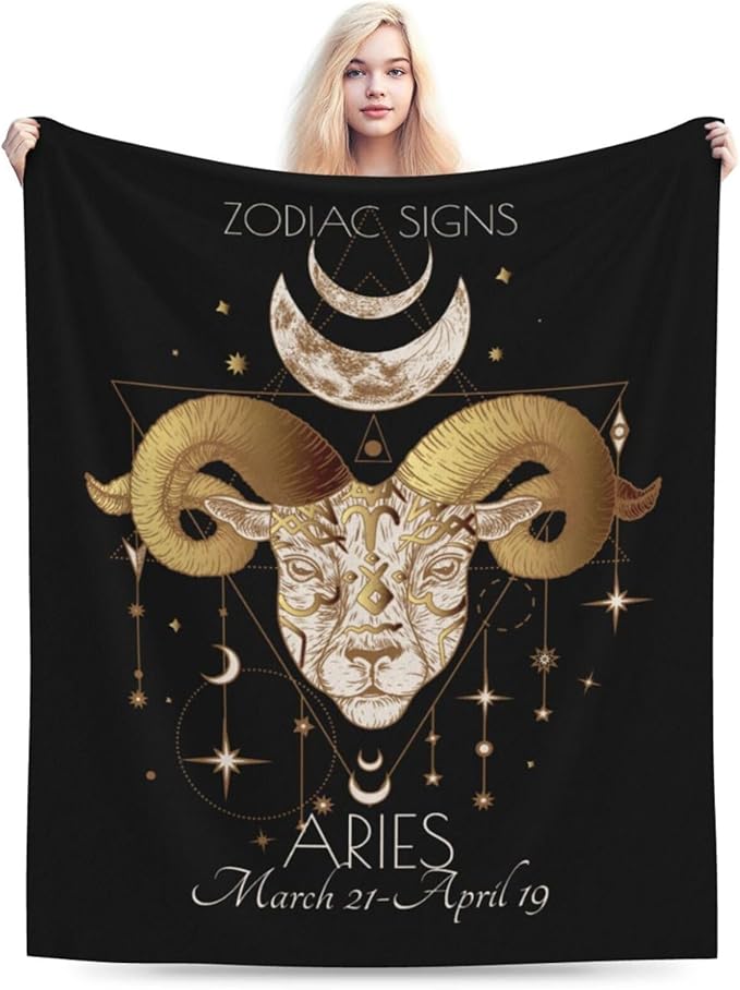 Aries Blanket Zodiac Signs Gifts for Women, Moon Constellations Theme Black Throw Blanket Soft Cozy Flannel 50"x40" - Aries Blanket for men