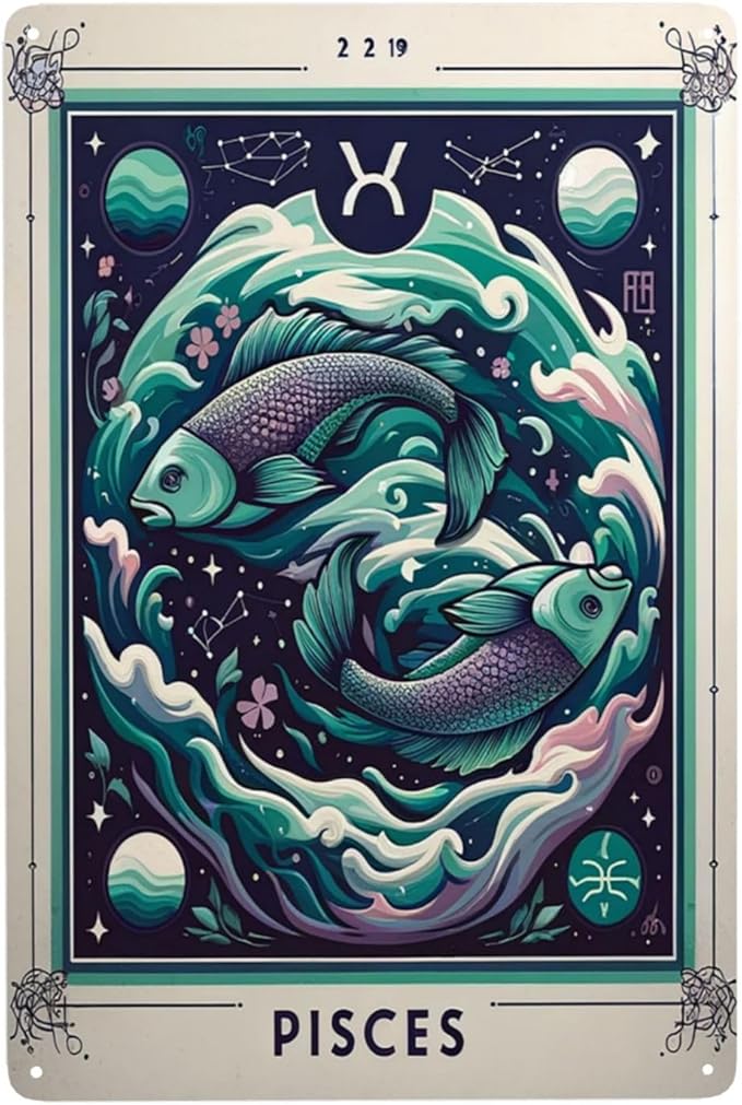 Twelve Constellations Whimsical Pisces Zodiac Metal Tin Sign Celestial Star Home Decor Retro Astrology Wall Art for Living Room Bar ManCave Vintage Horoscope Plaque Lovers 8x6inch - Pisces Home Decor for men