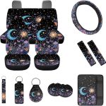 Moon Stars Floral Butterfly Print Car Seat Cover Full Set,Steering Wheel Cover Armrest Cover Seatbelt Car Coasters Lip Holder with Keychains,Universal Auto Interior Accessories - Scorpio Car Seat Cover for men