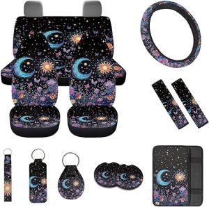 Moon Stars Floral Butterfly Print Car Seat Cover Full Set,Steering Wheel Cover Armrest Cover Seatbelt Car Coasters Lip Holder with Keychains,Universal Auto Interior Accessories - Scorpio Car Seat Cover for men