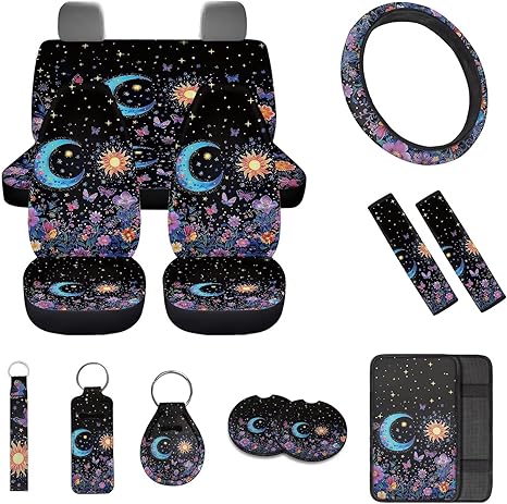 Moon Stars Floral Butterfly Print Car Seat Cover Full Set,Steering Wheel Cover Armrest Cover Seatbelt Car Coasters Lip Holder with Keychains,Universal Auto Interior Accessories - Scorpio Car Seat Cover for men