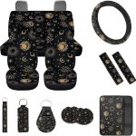 Gold Moon Starry Print Car Seat Cover Full Set,Steering Wheel Cover Armrest Cover Seatbelt Car Coasters Lip Holder with Keychains,Universal Auto Interior Accessories - Aquarius Car Seat Cover for men