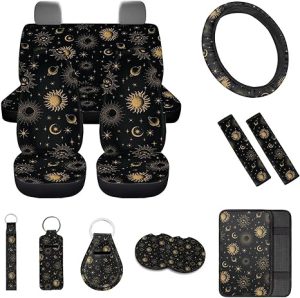 Gold Moon Starry Print Car Seat Cover Full Set,Steering Wheel Cover Armrest Cover Seatbelt Car Coasters Lip Holder with Keychains,Universal Auto Interior Accessories - Aquarius Car Seat Cover for men