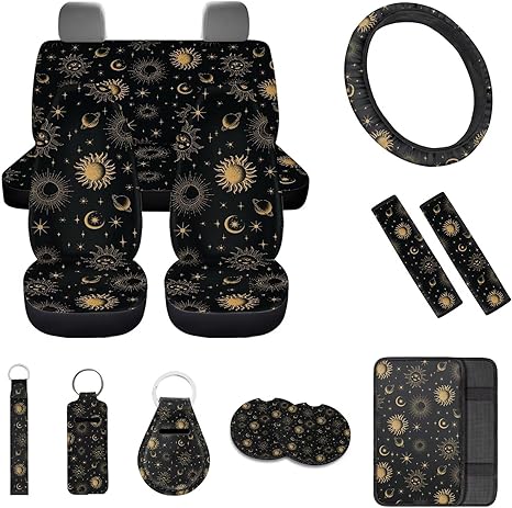 Gold Moon Starry Print Car Seat Cover Full Set,Steering Wheel Cover Armrest Cover Seatbelt Car Coasters Lip Holder with Keychains,Universal Auto Interior Accessories - Aquarius Car Seat Cover for men