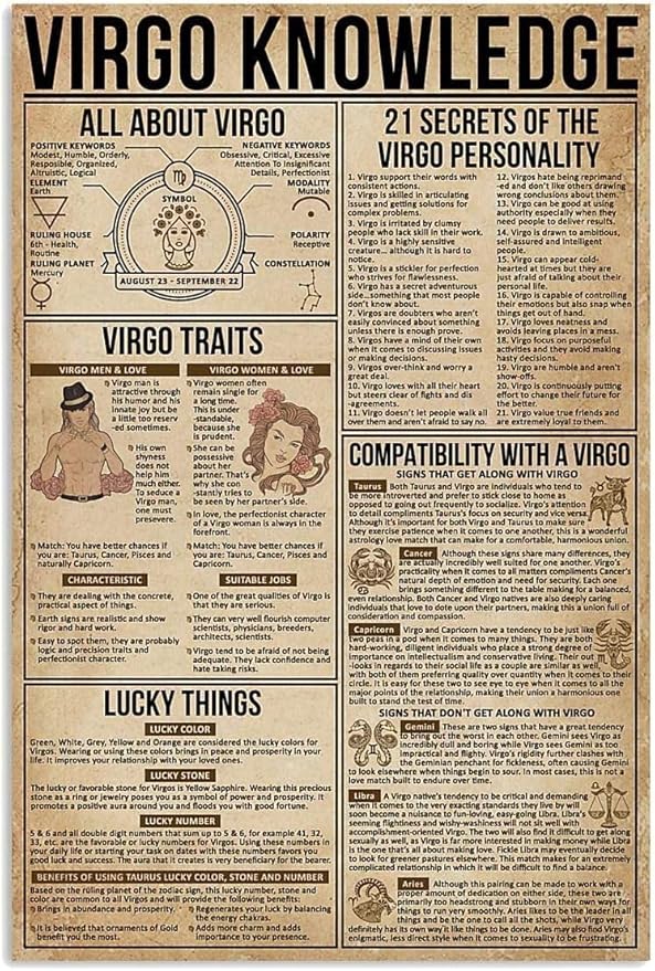 Vintage Virgo Knowledge Twelve Constellation Guide Study Zodiac Virgo Poster Metal Aluminium Tin Sign 8x12 Inch Wall Decor - Virgo Poster for men