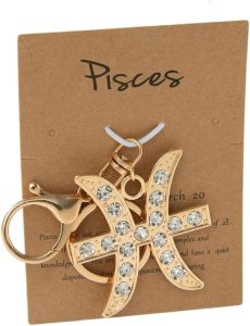 xuzhiyuan 12 Zodiac Sign Keychains with Rhinestones - Gold-Plated Astrology Key Ring for Keys/Bags, Birthday Gift for Women - Pisces Car Accessories for men
