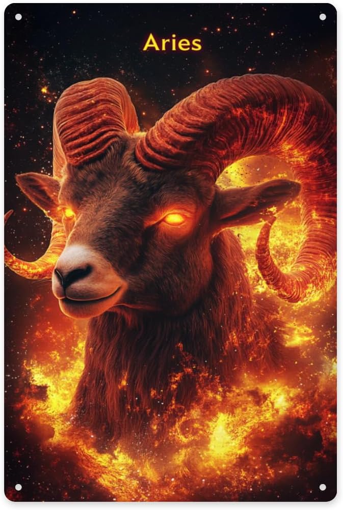 Aries Zodiac Metal Fiery Horns Glowing Eyes & Aries Text Bold Wall Art Living Room Aluminum Poster Easy To Hang Tinplate Ideal For Zodiac Enthusiasts Tin Sign 8x12 Inch - Aries Poster for men
