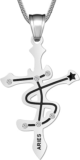 Men Zodiac Constellation Necklace, Stainless Steel Cross Pendant, 12 Signs Collection, Astrology Jewelry with Gift Box for Women - Aries Necklace for men