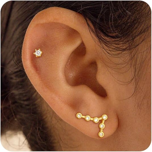 Gold Studs Earrings For Women 14k Gold Plated Constellation Zodiac Earrings Sets For Women Trendy Hypoallergenic CZ Cartilage Earring Stack Small Piercing Earring Studs Fashion Jewelry - Aries Ring for men