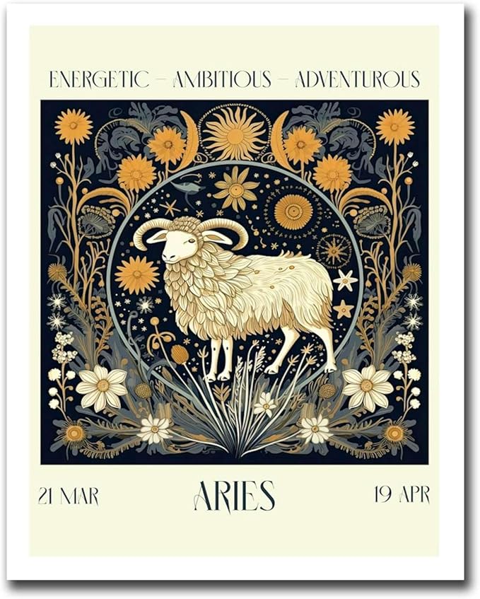 LUCKLYDOUDOU Printed Canvas Painting Wall Art Aries William Morris Zodiac Astral Sign Art Print Modern Home and Bedroom Decoration 12x18inch - Aries Canvas for men