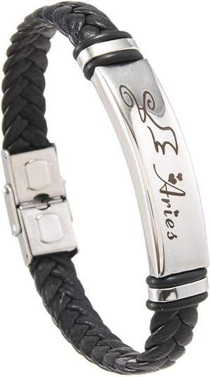 Zodiac Sign Bracelets for Men Stainless Steel Horoscope Woven Leather Punk Constellation Braided Wrist Rope Jewelry - Aries Bracelet for men