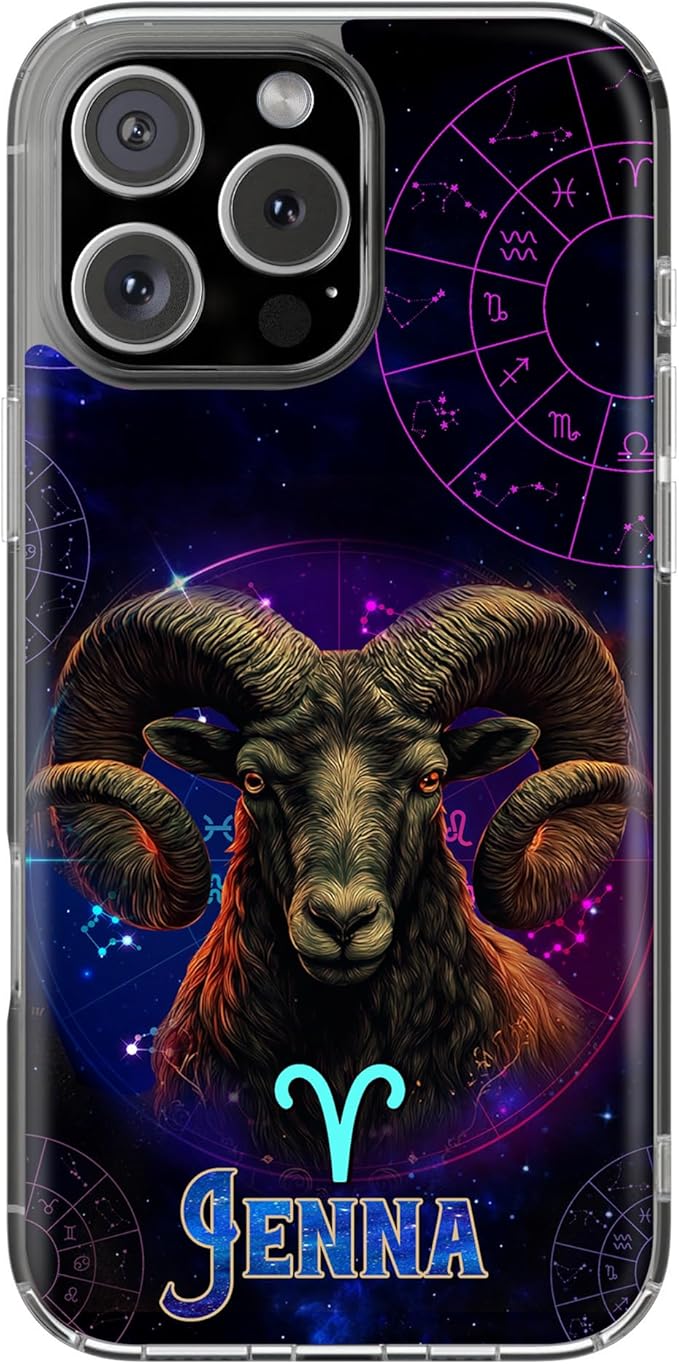 Personalized Aries Zodiac Phone Case Compatible with iPhone 16 15 14 13 12 11 Pro Max Mini Plus – Custom Name Clear Cover with Astrological Ram Design – Gift for Horoscope Lovers Star Sign Fans - Aries Phone Case for men