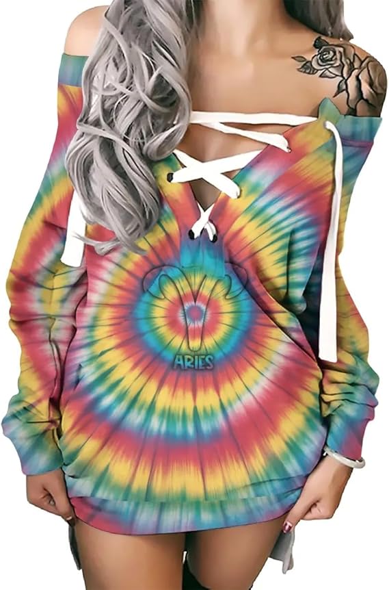 Aries Zodiac Sign Tops For Women Tie Dye Astrology Horoscope Lace Up Neckline Crop Sweatshirt Tank Top Birthday Gifts - Aries Sweatshirt for men