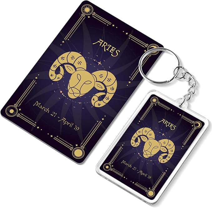 FunGiftCorner Aries Zodiac Gift Set, Astrology Horoscope Keychain and Card, Unique Aries Birthday Gift for Women and Men, January February Zodiac Sign Constellation Accessory, Made in USA (2-Pack) - Aries Ring for men