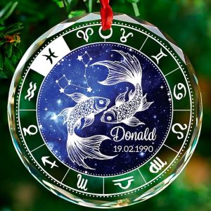 Pisces Astrology Personalized Christmas Ornament, Custom Name & Date Horoscope Glass Ornaments for Xmas Tree, Pisces Zodiac Sign Christmas Keepsake Gift, February & March Birth Month Ornament Gifts - Pisces Home Decor for men