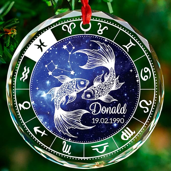 Pisces Astrology Personalized Christmas Ornament, Custom Name & Date Horoscope Glass Ornaments for Xmas Tree, Pisces Zodiac Sign Christmas Keepsake Gift, February & March Birth Month Ornament Gifts - Pisces Home Decor for men