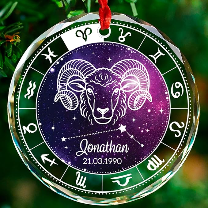 Aries Zodiac Sign Glass Ornament, Personalized Aries Constellation Christmas Ornament 2025, March & April Birthday Keepsake Gifts for Family Friends, Custom Name & Date Zodiac Christmas Ornaments - Aries for men