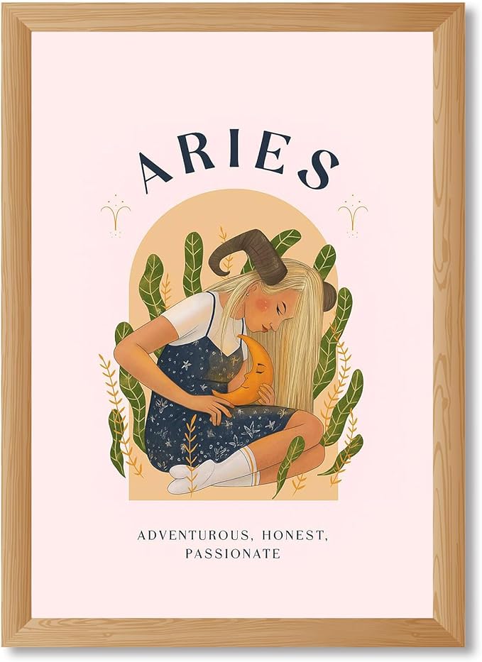 Aries Zodiac Sign Canvas Print Art Print, Whimsical Wall Art Painting, Cute Pictures Wall Decor for Living Room, Bedroom, Apartment Home Decoration (Wood Framed,12L X16W) - Aries Poster for men