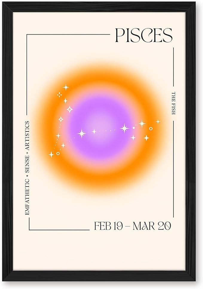 Pisces Zodiac Sign Art Print Trendy Canvas Print Wall Art Elegant Wall Decoration for Living Room Modern Astrology Poster for Dorm Room Minimalist Aesthetic Painting Pictures (Black Framed,8L x 12W) - Pisces Canvas for men