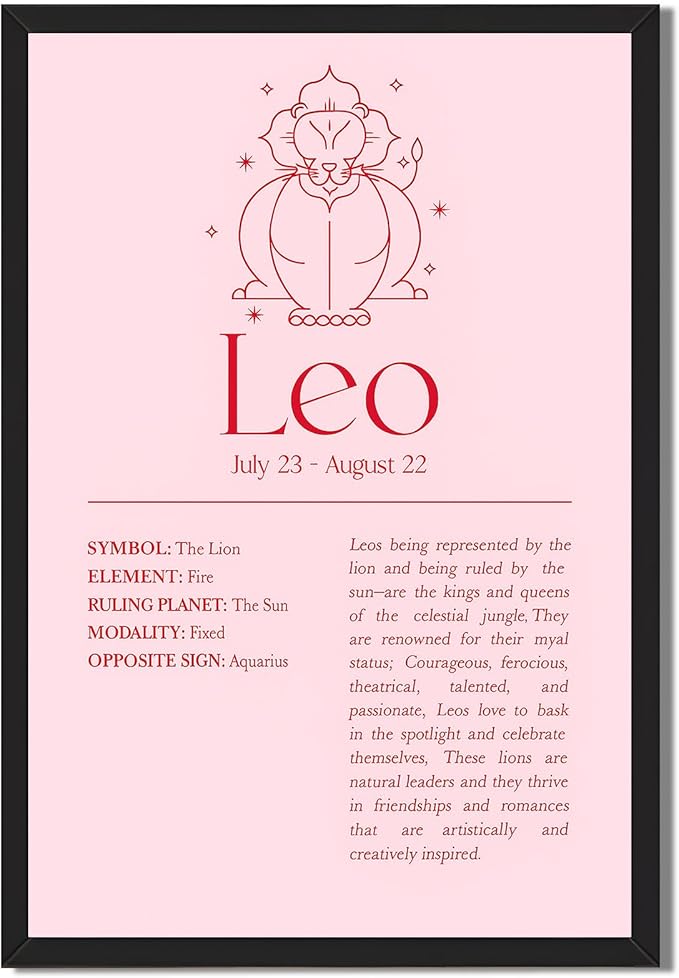 Leo Zodiac Sign Canvas Print Art Print Minimalist Aesthetic Poster Wall Art Exquisite Pictures for Living Room Bedroom Wall Decoration Home Decor (Black Framed,12L x16W) - Leo Canvas for men