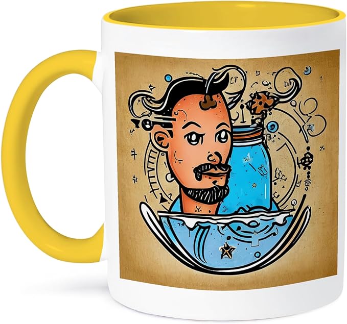 3dRose Cool Zodiac Sign Aquarius As Viewed By The Artificial Intelligence 11oz Two-Tone Yellow Mug - Aquarius Mug for men