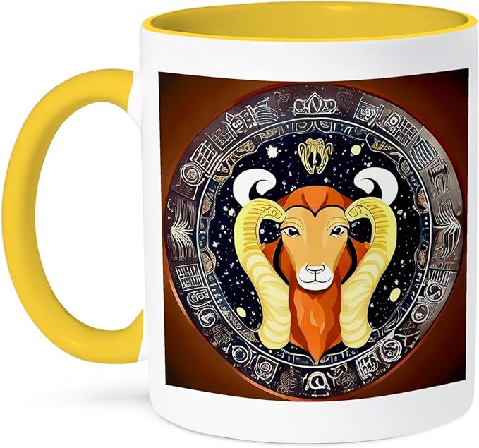 3dRose Zodiac Sign Aries Or Ram In Color As Viewed By AI. Funny gift for you 15oz Two-Tone Yellow Mug - Aries Mug for men
