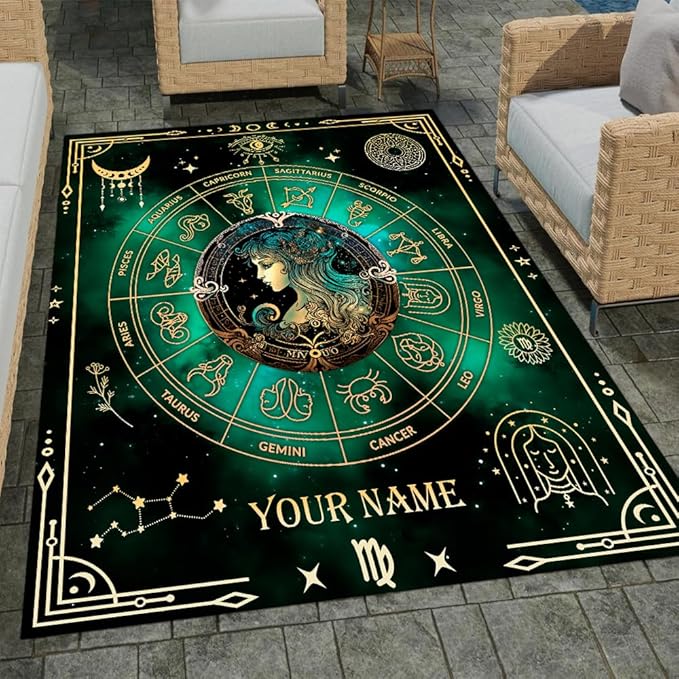 Customized Zodiac Area Rug, Gothic Skeleton Zodiac Sign Carpet, Constellation Sun and Moon Soft Machine Washable Non-Slip Rug, Witchy Style, Astrology Chart for Home Decor (Virgo) - Virgo Car Floor Mat for men
