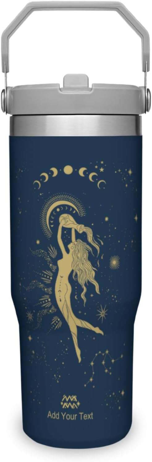 Personalized Zodiac Signs-Aquarius-30 Oz Tumbler with Handle and Straw Lid, Custom Witchy Gothic Water Bottle with Name Insulated Stainless Steel Travel Mug, Birthday Gifts for Women Men(Blue) - Aquarius Mug for men
