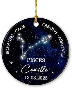 Personalized Pisces Ornament Xmas 2025, Water Sign Constellation Ornament Gift for Birthday Christmas, Custom Pisces Zodiac Ceramic with Birthdate & Name, Romantic Calm Creative Adaptable Ornaments - Pisces for men