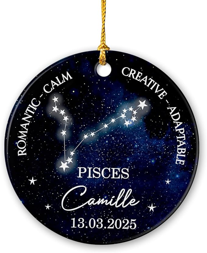 Personalized Pisces Ornament Xmas 2025, Water Sign Constellation Ornament Gift for Birthday Christmas, Custom Pisces Zodiac Ceramic with Birthdate & Name, Romantic Calm Creative Adaptable Ornaments - Pisces for men
