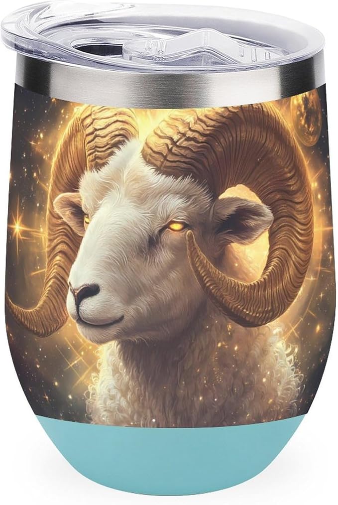 Zodiac Sign Aries Golden 12oz Wine Tumbler With Lid Stainless Steel Cup Insulated Double Wall Coffee Mug - Aries Mug for men