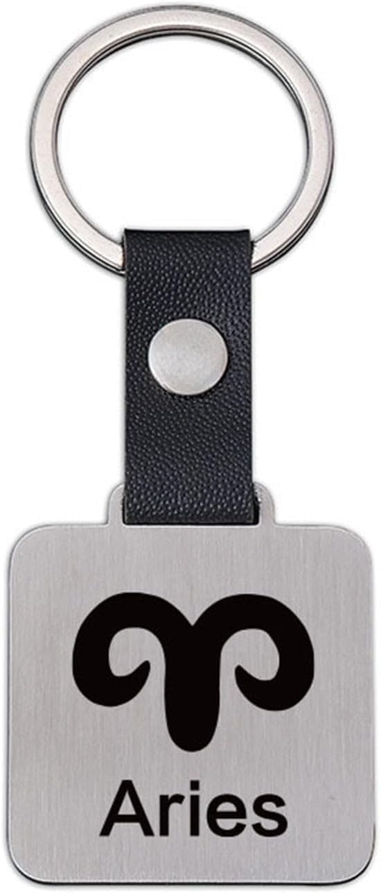 1 PCS Zodiac Signs Keychain, Square Metal Design, Black Leather Strap, 1.38 x 1.56 inches - Aries Keychain for men