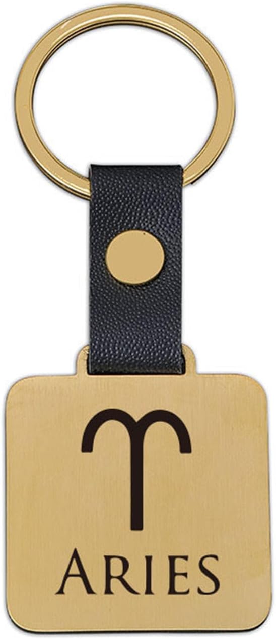 1 PCS Twelve Zodiac Signs Keychain, Metal Square Design, Golden, 1.38 x 1.56 inches - Aries Ring for men