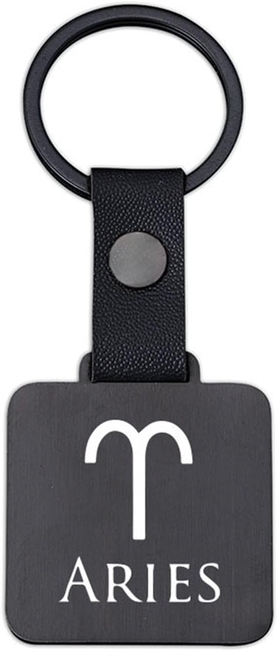 1 PCS Twelve Zodiac Signs Keychain, Metal Square Design, Black and White, 1.38 x 1.56 inches - Aries Ring for men